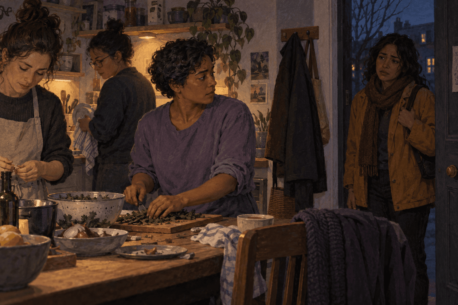 A person pauses chopping food and looks between the unfinished preparation and an upset friend at the doorway.